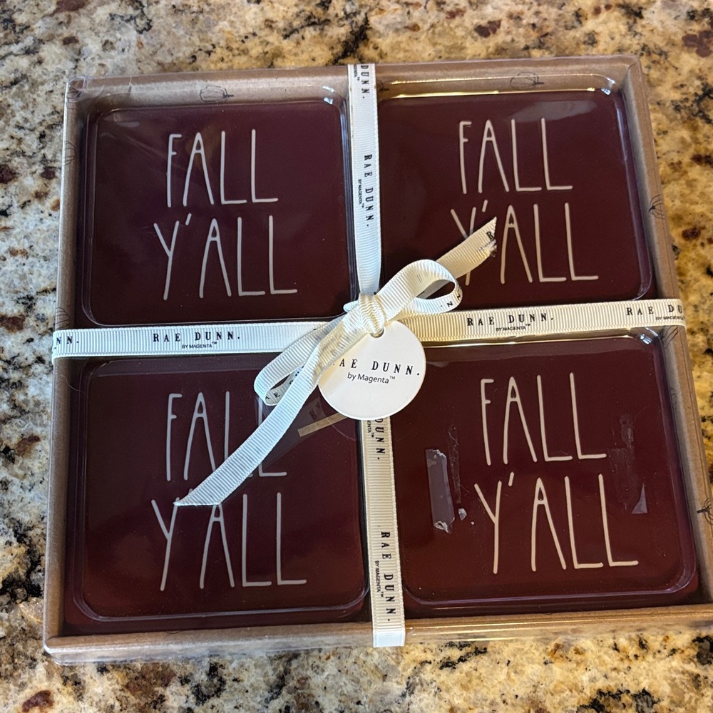 NEW Rae Dunn “FALL Y’ALL” Coasters 4-Pack Maroon